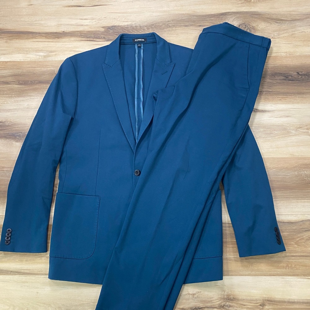 Express Suit 42L 34W Slim Fit 2-Piece Cotton Blend Stretch Teal Blue Modern